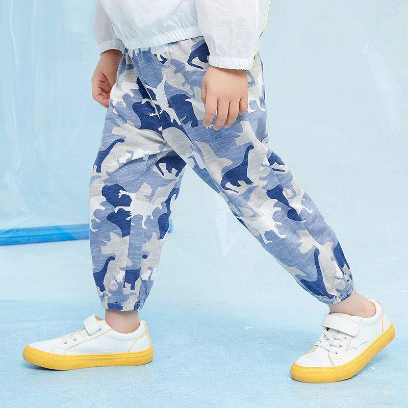 竹節棉束口長褲/防蚊褲-迷彩恐龍-藍+白