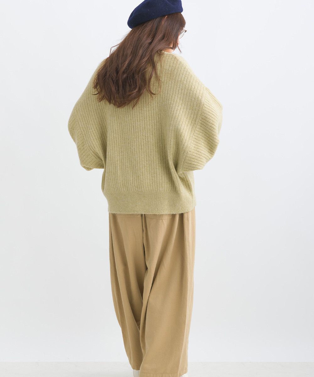 日本女裝代購 - 大寬袖圓領混色針織上衣-米黃