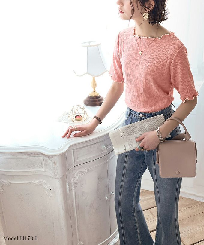 日本 Classical Elf - 氣質紋理木耳邊短袖上衣-灰藍