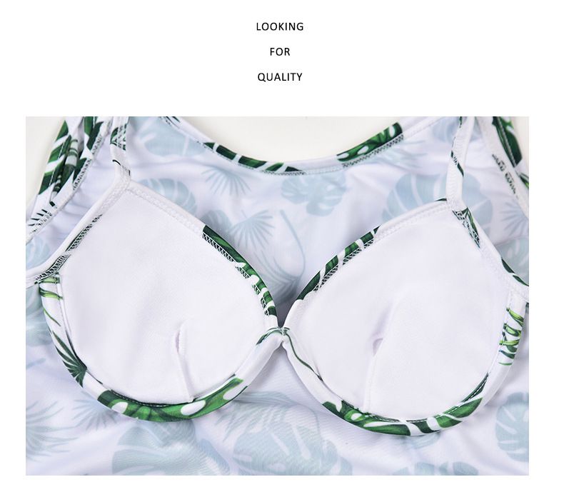 清新印花修身顯瘦遮肉連身裙泳裝-滿滿小葉子-綠+白