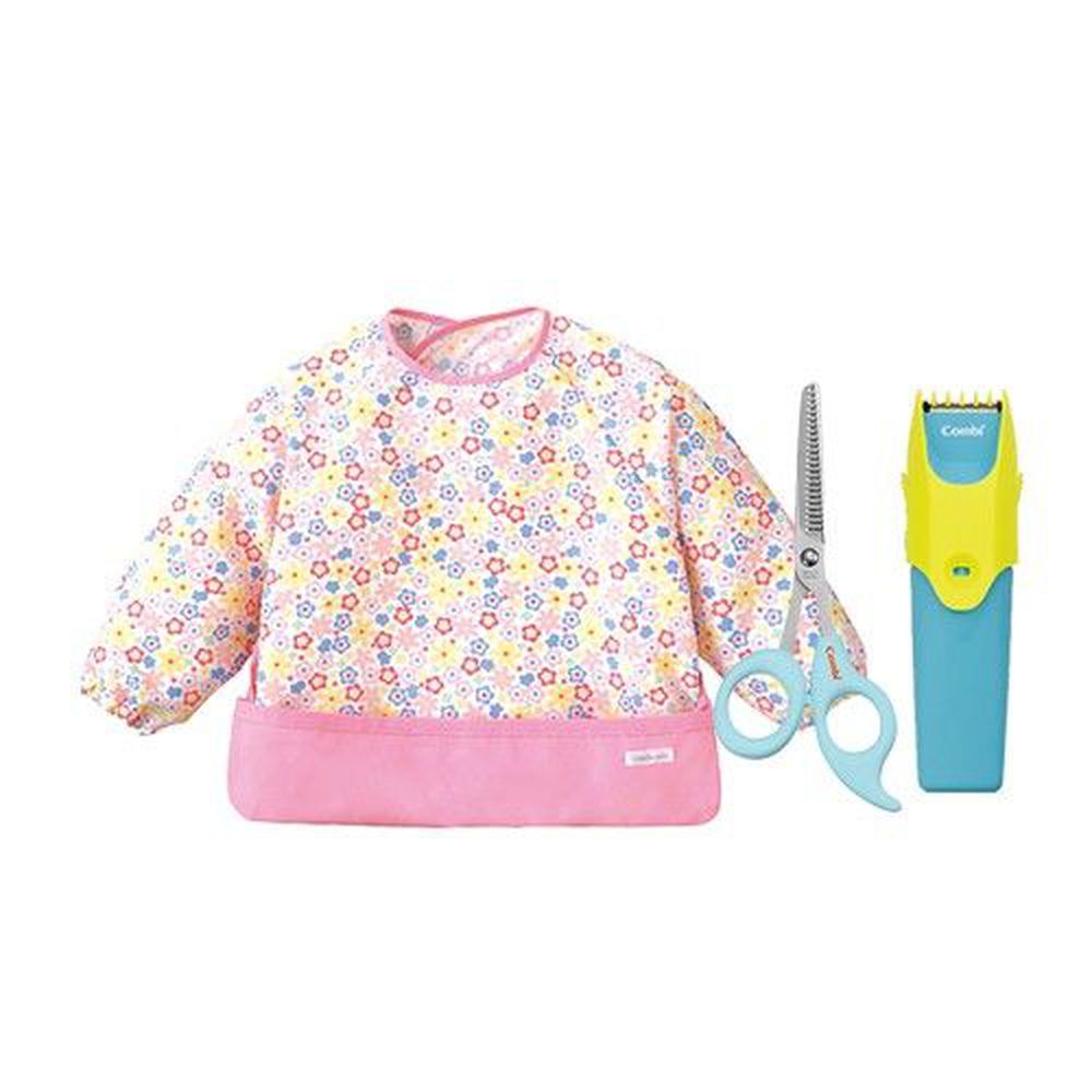日本 Combi - 優質可水洗幼童電動理髮器+優質安全髮剪+mini 食事圍兜組-長袖款-小花朵-甜心粉