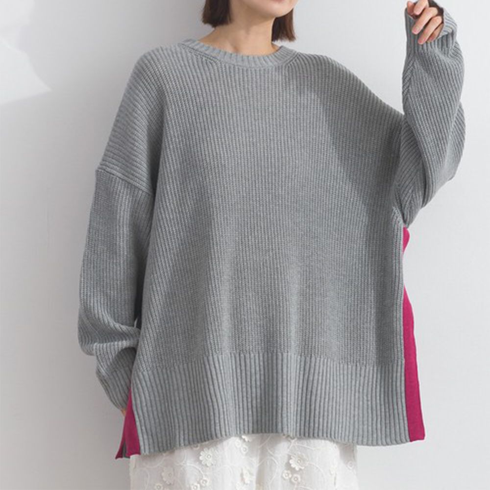 低調側邊撞色柔軟粗針織上衣-灰