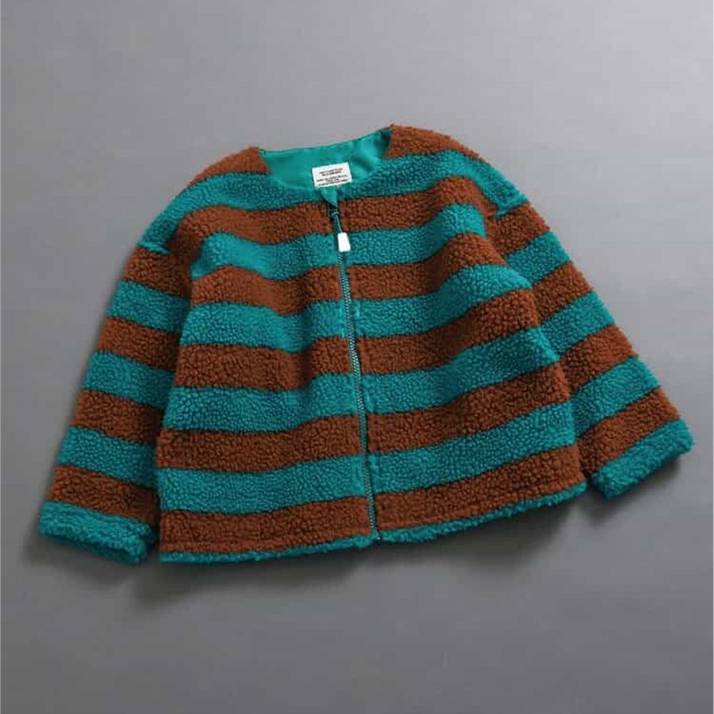 繽紛印花毛毛保暖外套-條紋-綠X咖啡