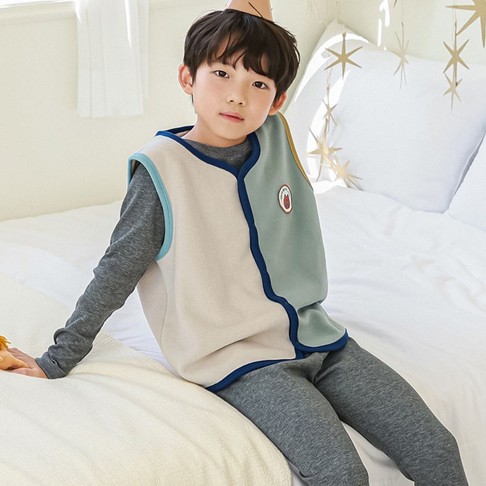 超細短絨毛保暖拼色V領背心-米X灰綠