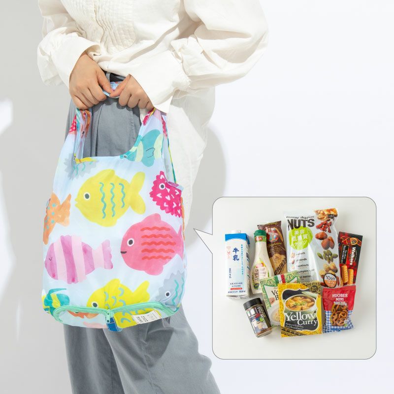 日本 IROHA - 可摺疊收納 寬底便利環保購物袋-基本款-喜樂線條 (S(24x58x13cm))-容量8L/耐重12KG