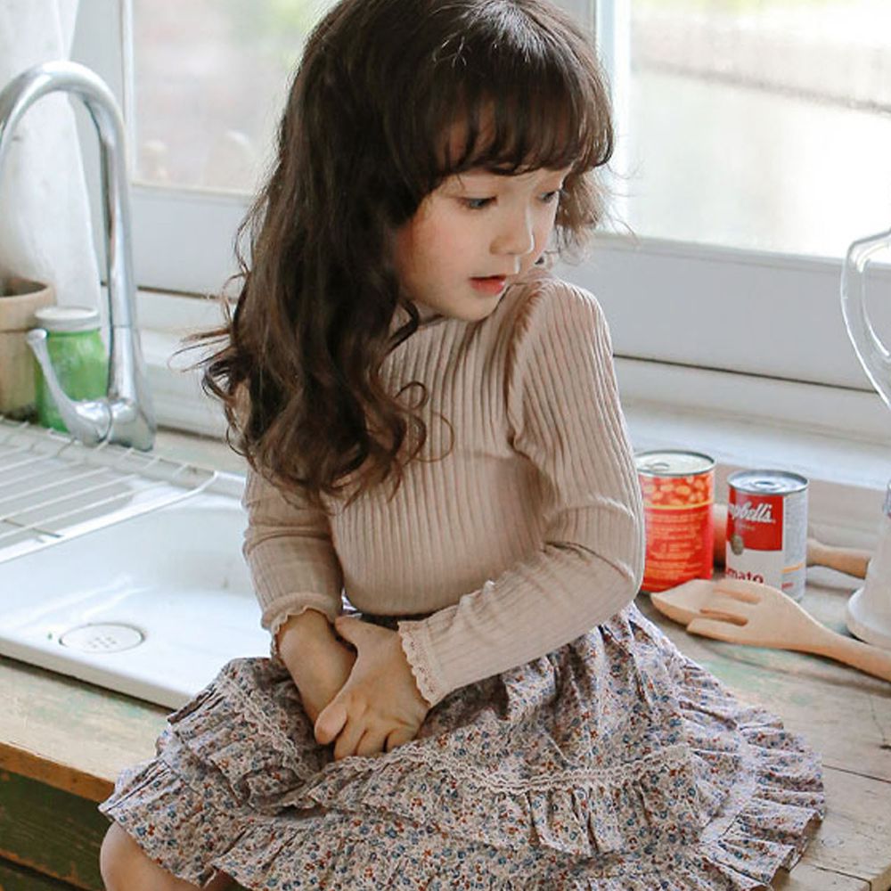 韓國 Puellaflo - 蕾絲袖口針織羅紋上衣-淡粉紅