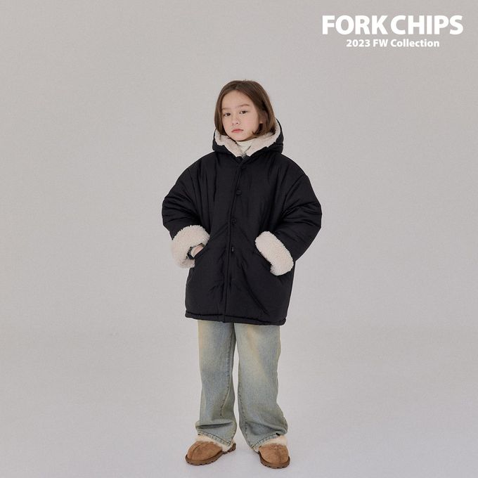 韓國 FORK CHIPS - 冬天保暖鋪棉長版連帽外套-黑