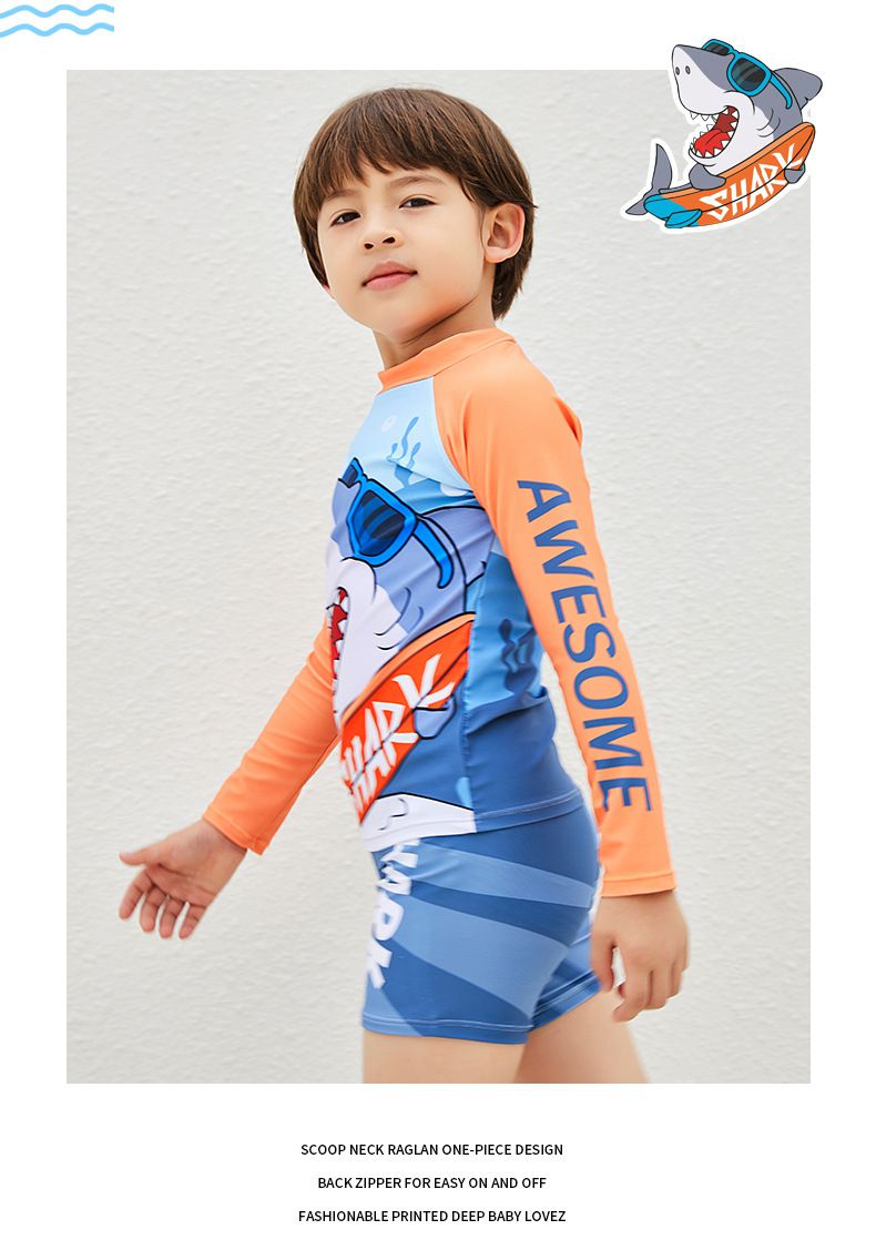 男寶童趣卡通圖長袖泳衣套裝(三件組)-墨鏡鯊魚-灰藍+橘-泳帽、泳衣、泳褲