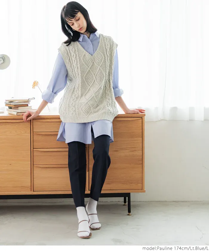 日本 COCA - 簡約落肩翻領長袖襯衫-條紋-水藍