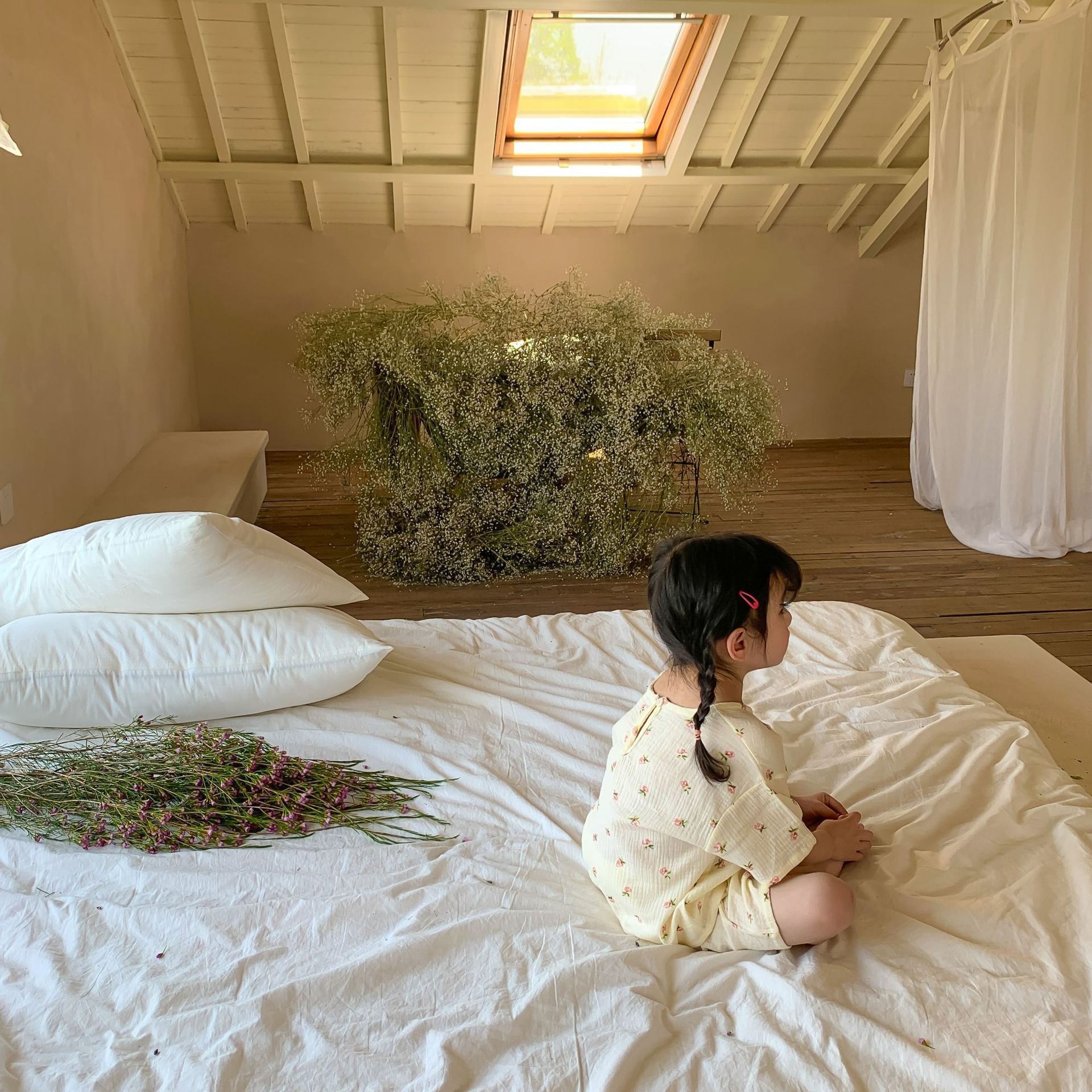 紗布棉短袖家居服套裝-小碎花-奶油色