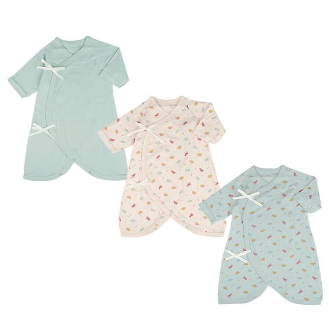 akachan honpo - 長袖新生兒內衣6件組-綁帶款 恐龍-綠色 (肚衣:50cm蝴蝶裝:50~60cm)
