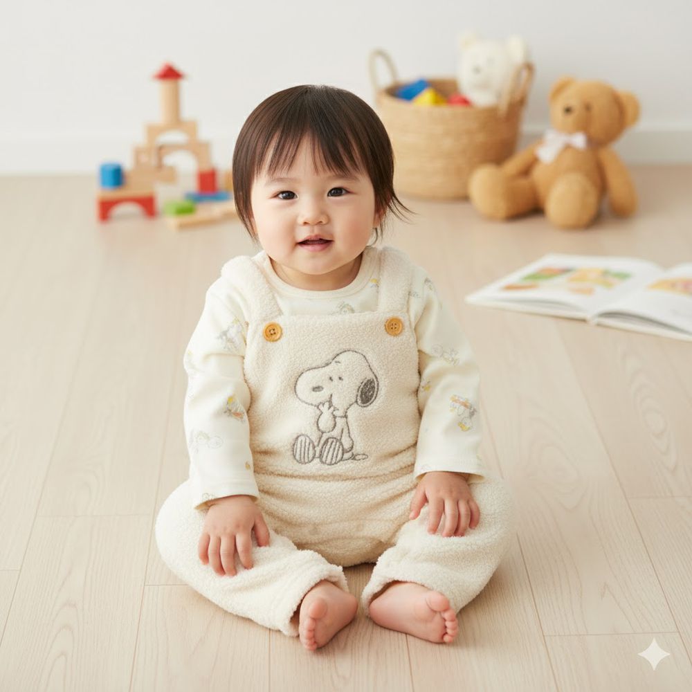 長袖吊帶褲風兔裝-史努比 毛茸茸刷毛-米白色