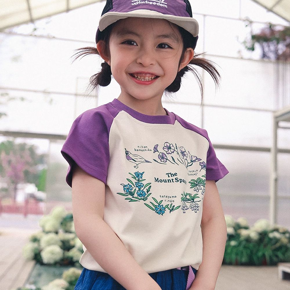 棉質圓領短袖上衣-花間小鳥-紫杏