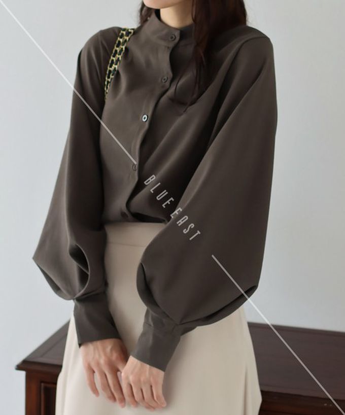 日本 BLUE EAST - 知性小立領澎澎氣球袖襯衫-黑