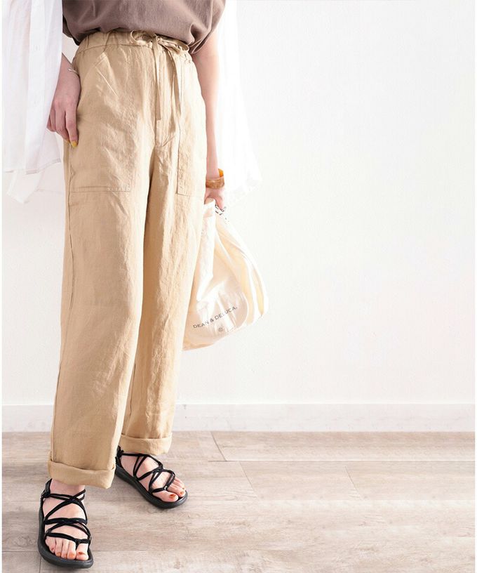 日本 Classical Elf - 100%亞麻透氣垂墜感抽繩寬褲-軍綠