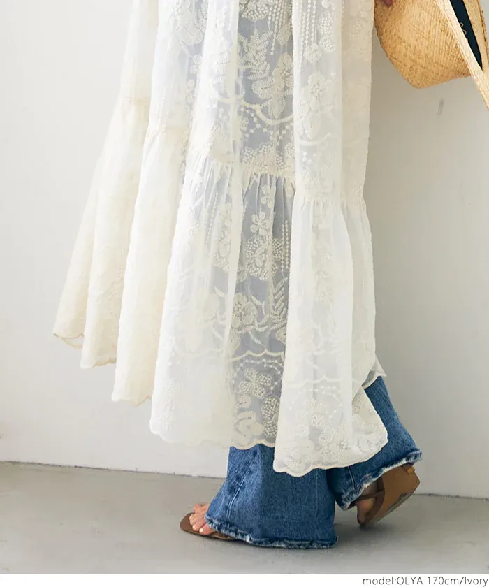 日本 COCA - V領花蕾絲透膚排扣罩衫/洋裝-米杏