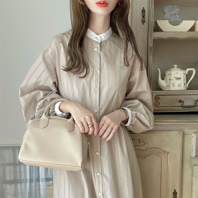 日本 Classical Elf - 修身立領泡泡袖襯衫洋裝-直條紋-海軍藍