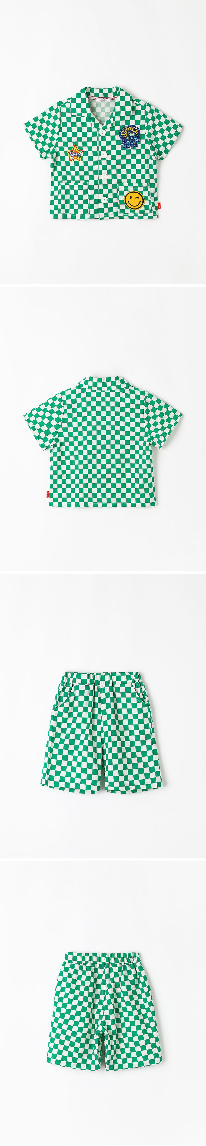 韓國 OZKIZ - 圖章點綴格紋短袖套裝-綠