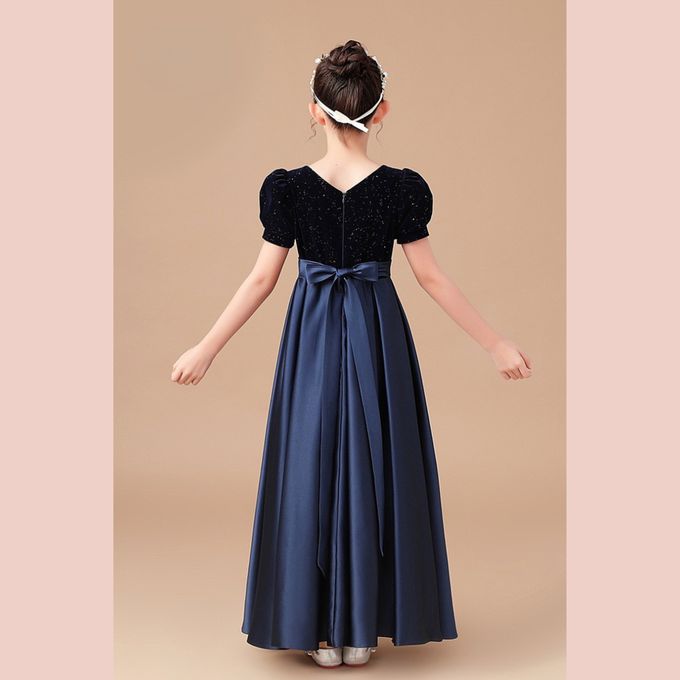 love, charlotte - 歐美系典雅蔥粉點綴絲絨短袖婚紗緞長禮服 - 藏青色