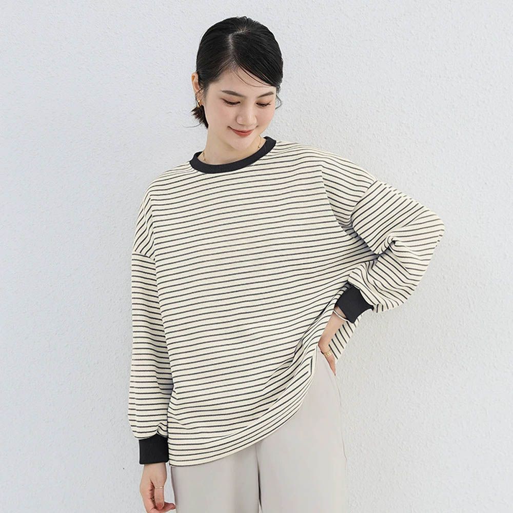 抗皺落肩針織感長袖上衣-拼色款-白色條紋 (F)