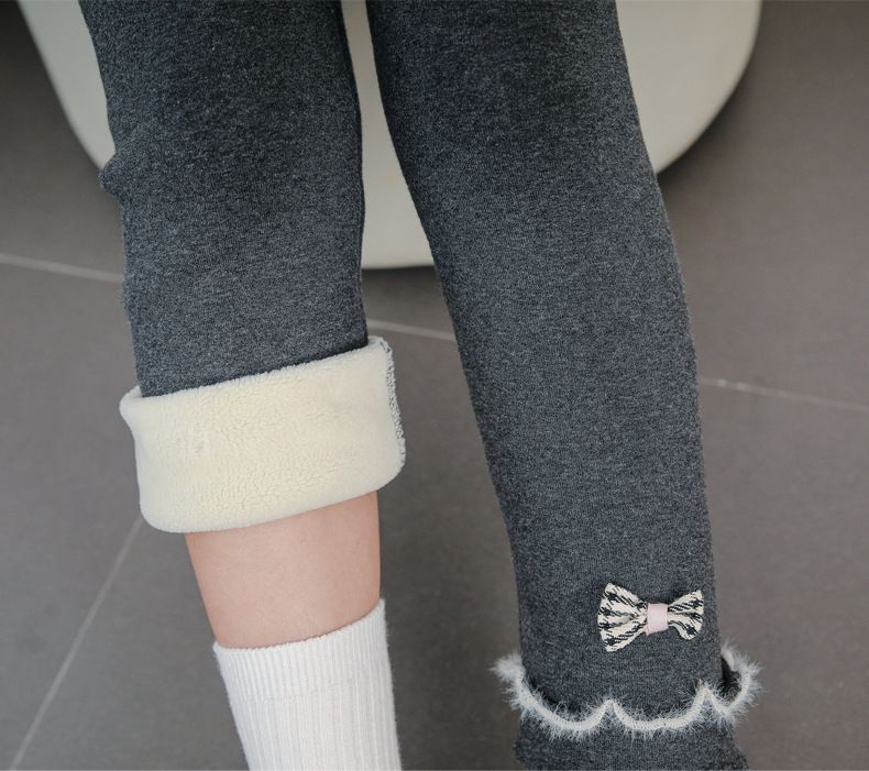 FANMOU - 加絨腰鬆緊兒童內搭褲-木耳邊蝴蝶結-深灰色