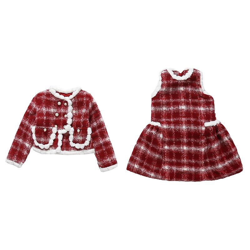 小香風綿綿雲朵連身裙套裝-背心裙+長袖外套-紅色