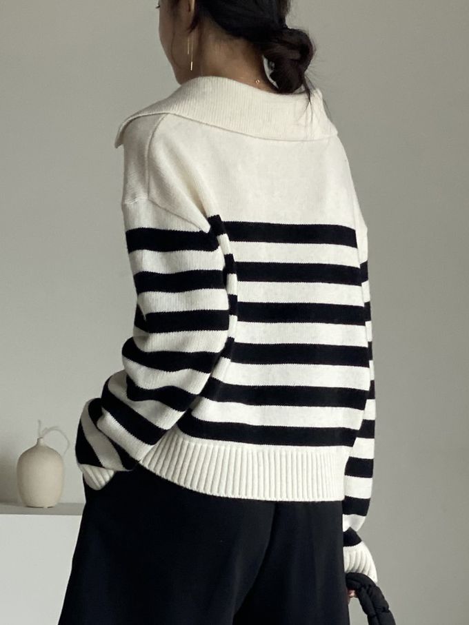 韓國女裝連線 - 精選美麗諾羊毛翻領上衣-米白底X黑條紋 (FREE)