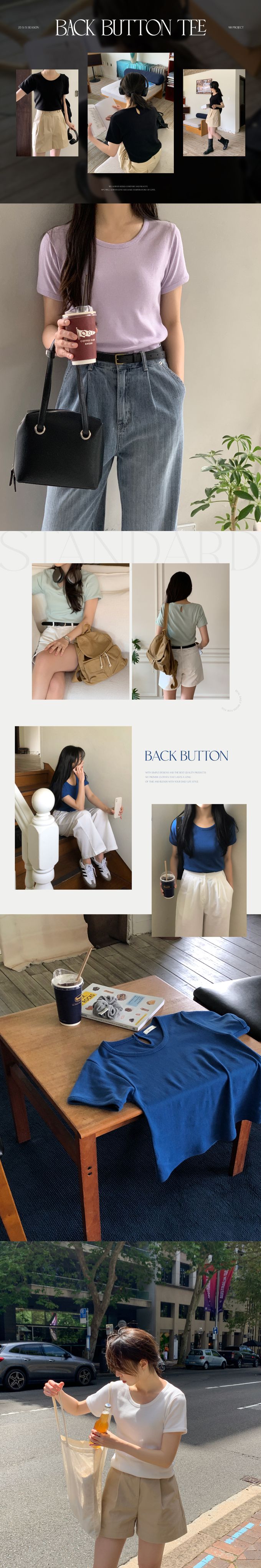 韓國 98doci - 好搭圓領修身後扣短袖上衣-象牙白