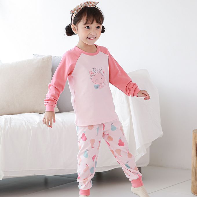 正韓 Cogibu - 極舒適無螢光劑 100% 有機棉(雙面)幼兒/兒童長袖睡衣/家居服套裝組-梨子貓