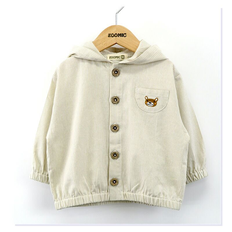 日本 ZOOLAND - 小熊刺繡口袋休閒連帽外套-藍條紋