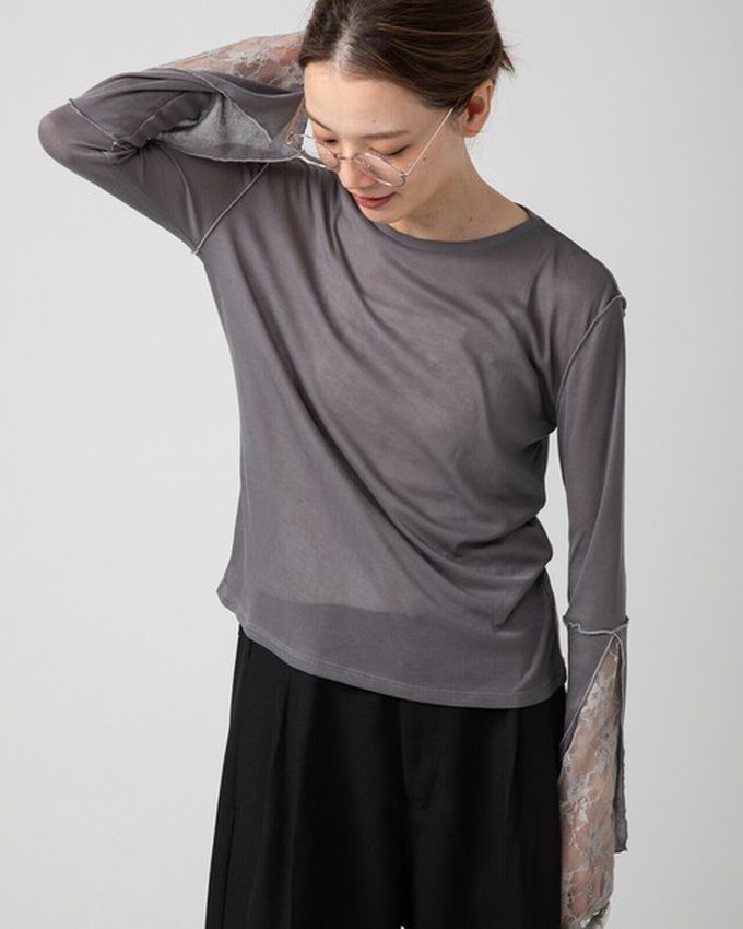 日本 gleam - 薄透合身蕾絲拼接長袖上衣-白