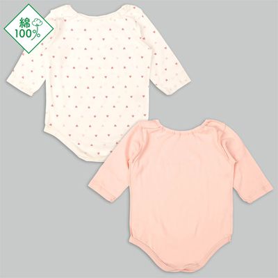 akachan honpo - 輕鬆方便長袖包屁衣2件組-套頭式 愛心-粉紅色