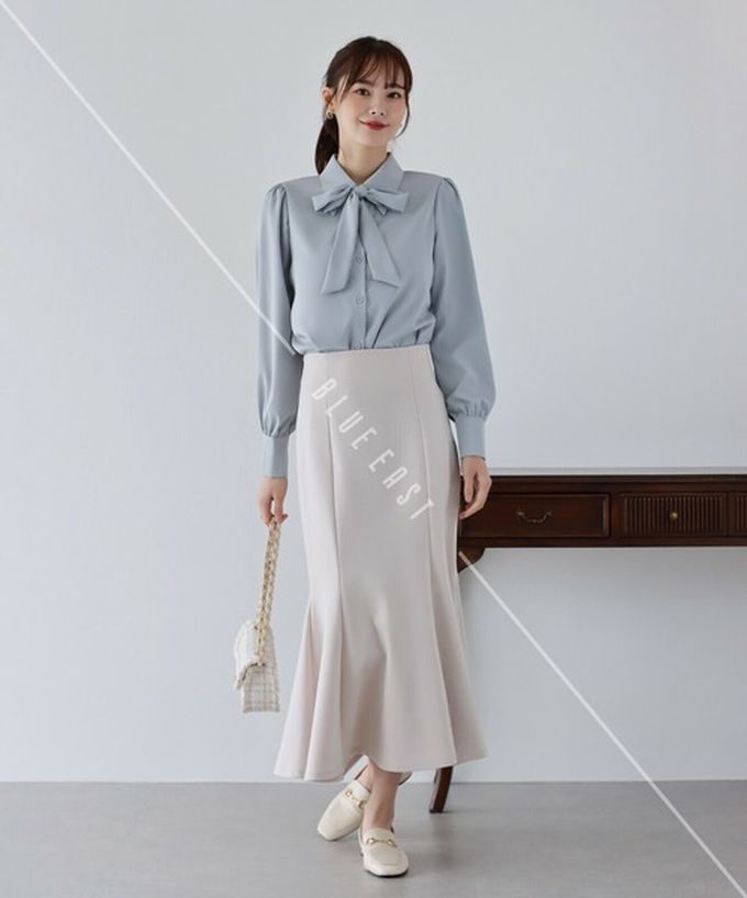 日本 BLUE EAST - 大人氣！優雅扭結雪紡長袖襯衫-灰藍