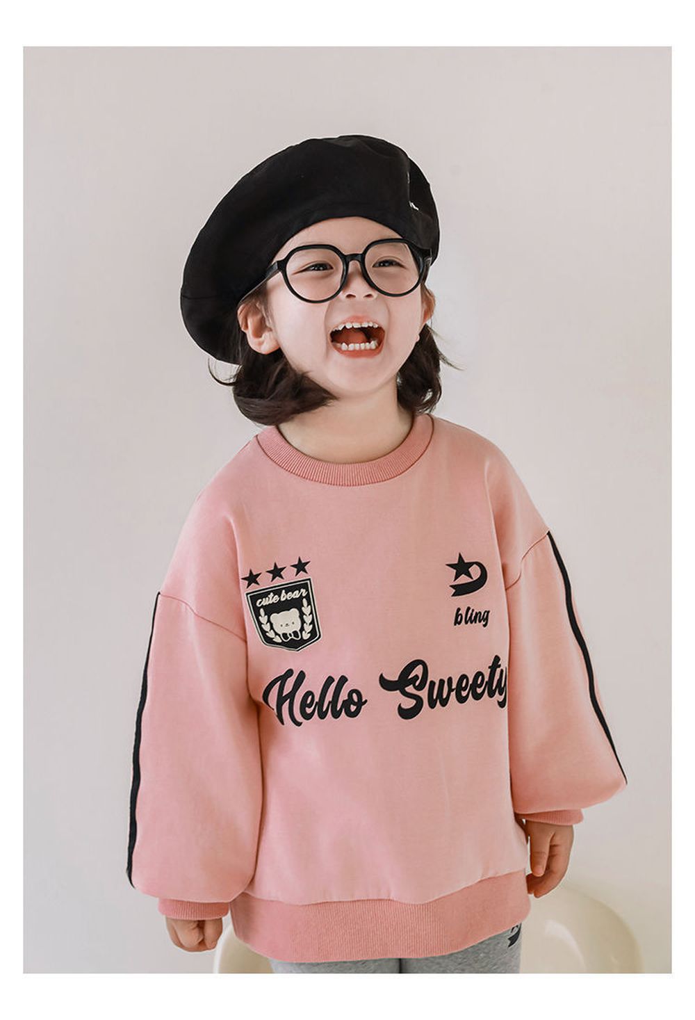 休閒百搭圓領長袖上衣/大學T-HELLO SWEETY-粉色