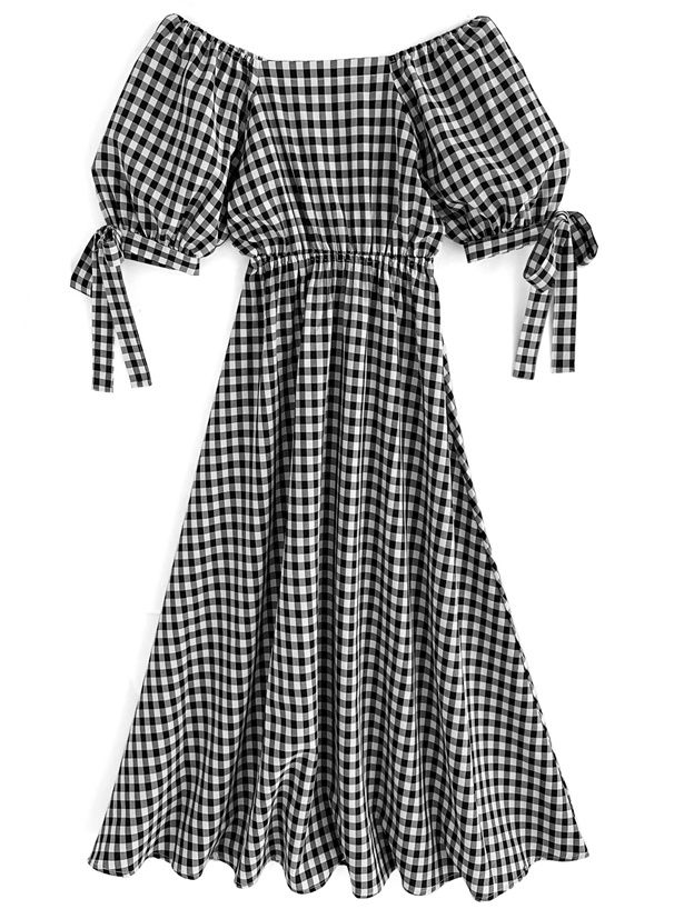 日本 GRL - 清新格紋袖綁帶收腰洋裝-黑白 (F)