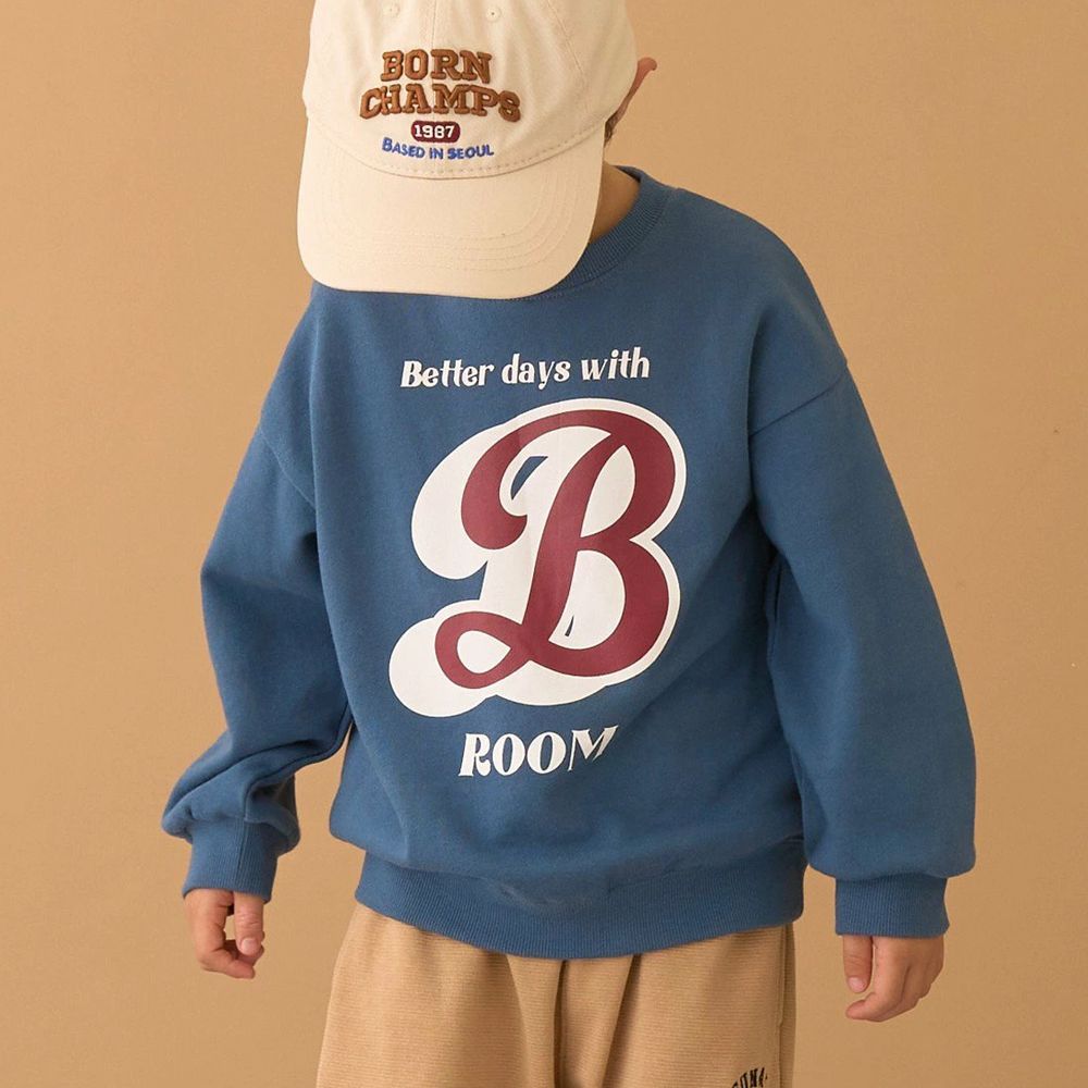 100%棉 美式印花縮口大學長袖上衣-深藍