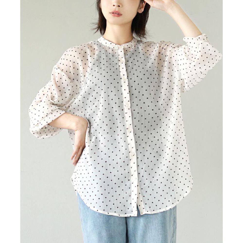 日本 zootie - 復古點點透視感長袖襯衫-米杏