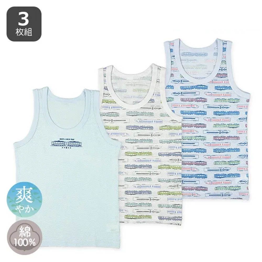 純棉 網眼涼爽背心內衣(3件組)-電車系列-藍x白x灰藍