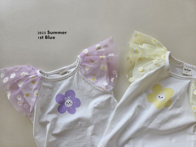 韓國 First Blue - 花花兔印紗拼接短袖上衣-淺紫