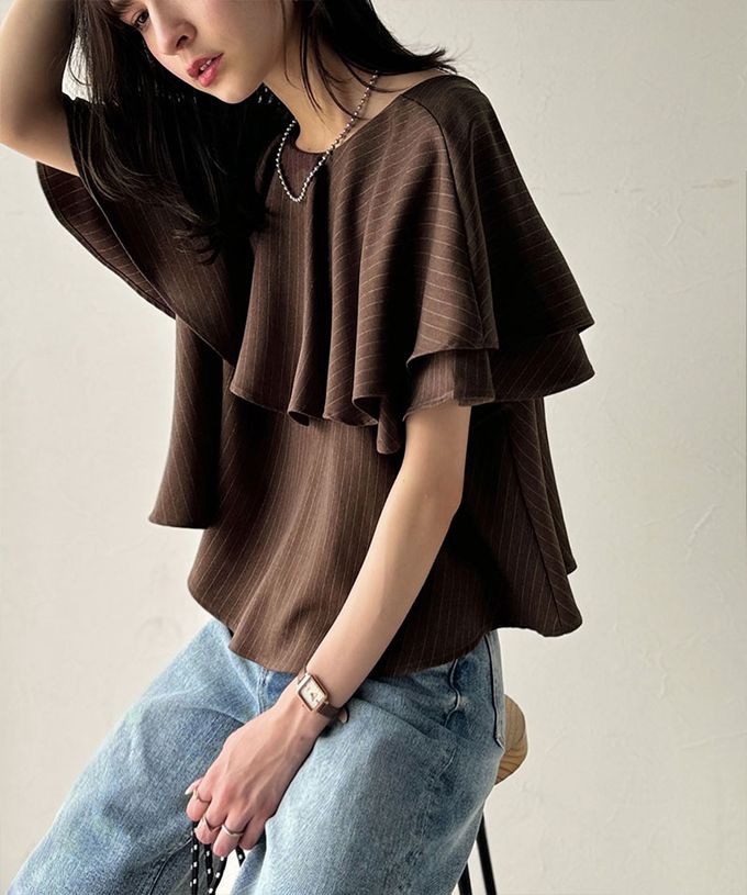 日本 Classical Elf - 前後2way優雅荷葉大翻領上衣-細條紋-黑