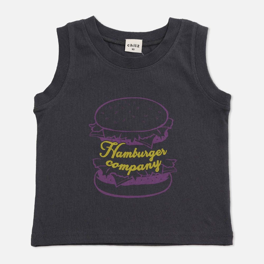 [超低價] 100%棉 童趣印花背心上衣-漢堡-灰黑