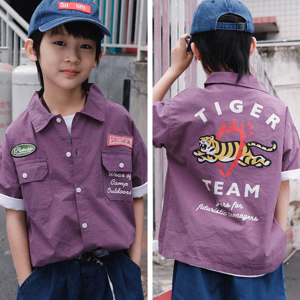 純棉率性短袖襯衫-老虎-灰紫