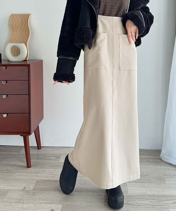 日本 Classical Elf - 前後2WAY簡約大口袋開叉吊帶裙-卡其