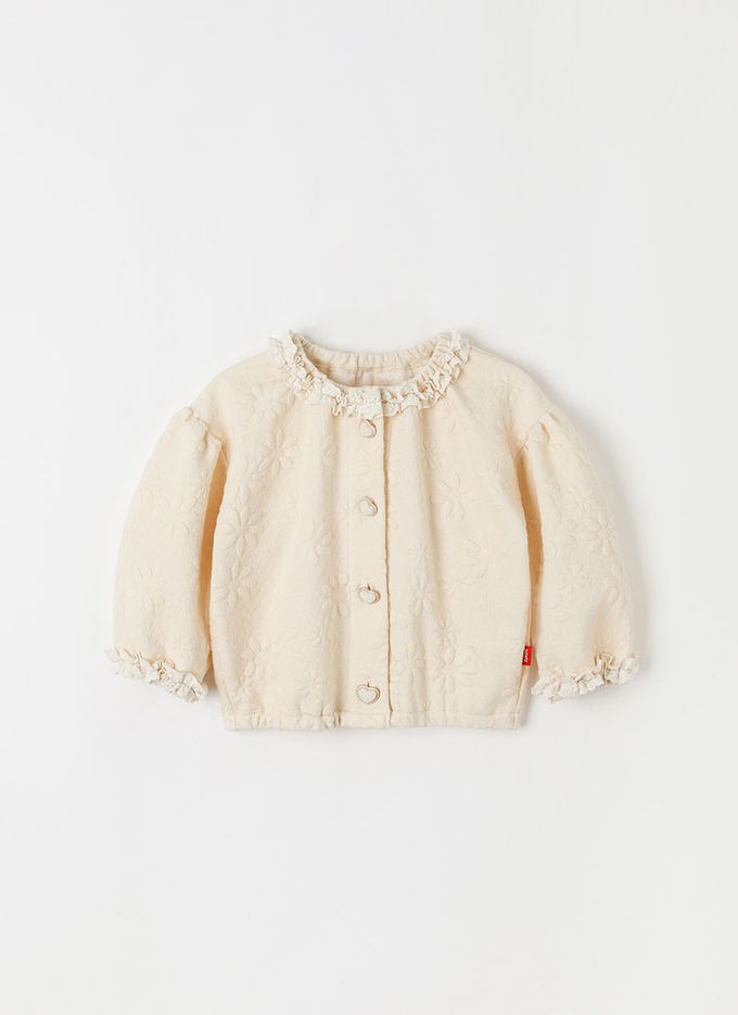 韓國 OZKIZ - 立體花朵印愛心釦縮口外套-米白