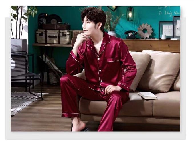 男士冰絲長袖家居服/睡衣套裝-緞面-深藍色