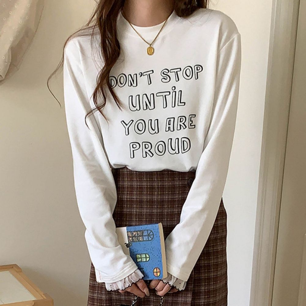 字母印花蕾絲花邊點綴長袖上衣-白 (F)