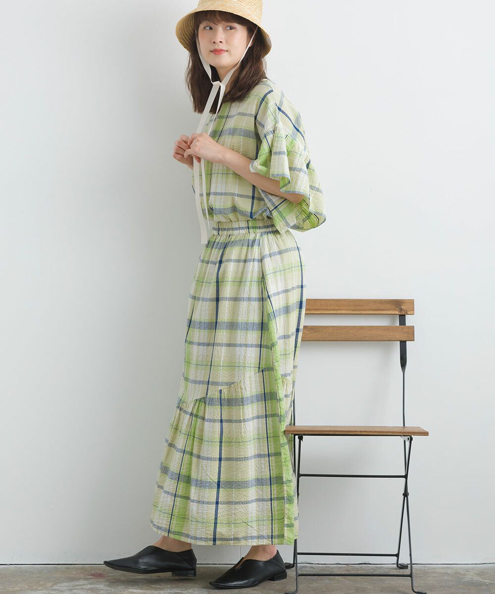 日本女裝代購 - 100%印度棉 超透氣飄逸長裙-大格紋-淺米杏