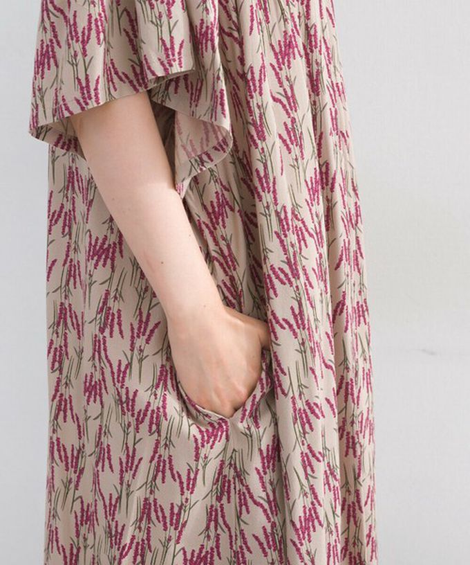 日本 Lupilien - 柔滑嫘縈植物印花寬鬆短袖洋裝-綠x桃