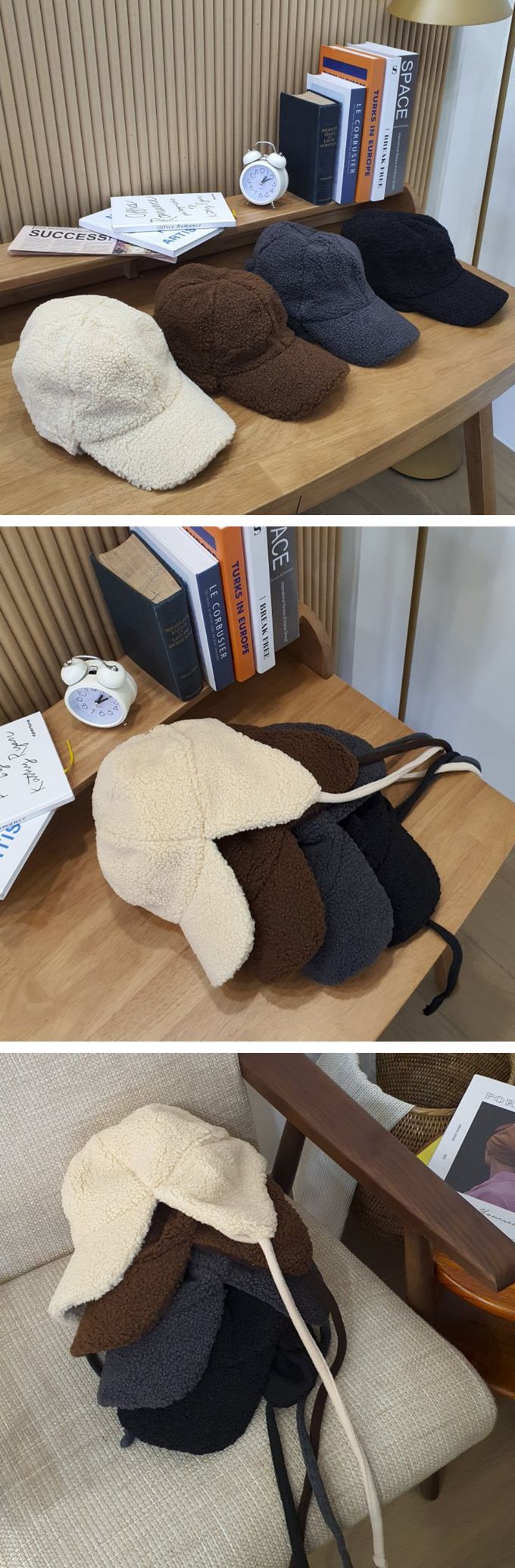 韓國 MAY - 羊羔絨毛護耳綁帶鴨舌帽-咖啡