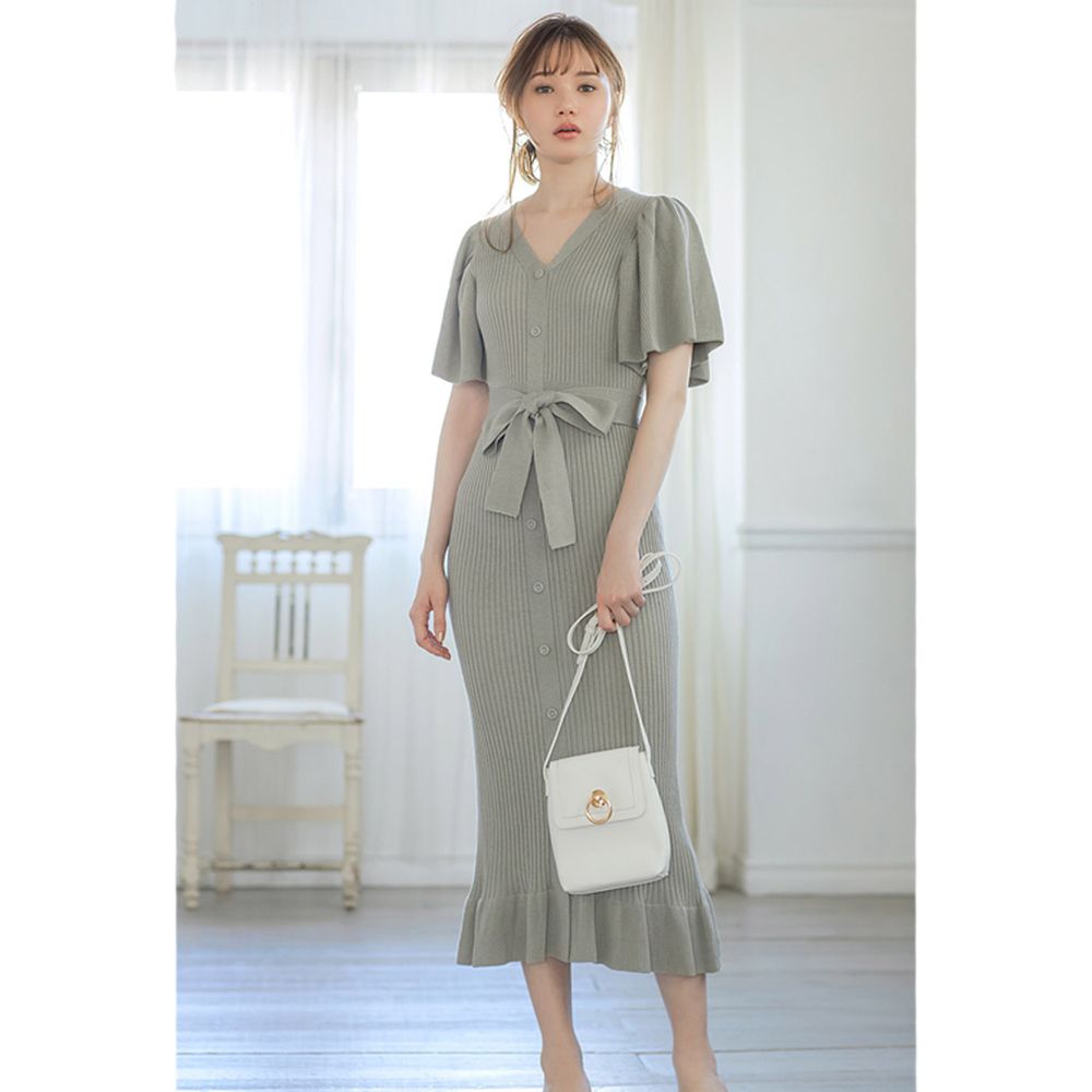 日本 GRL - 浪漫大荷葉袖針織修身洋裝-莫蘭迪綠